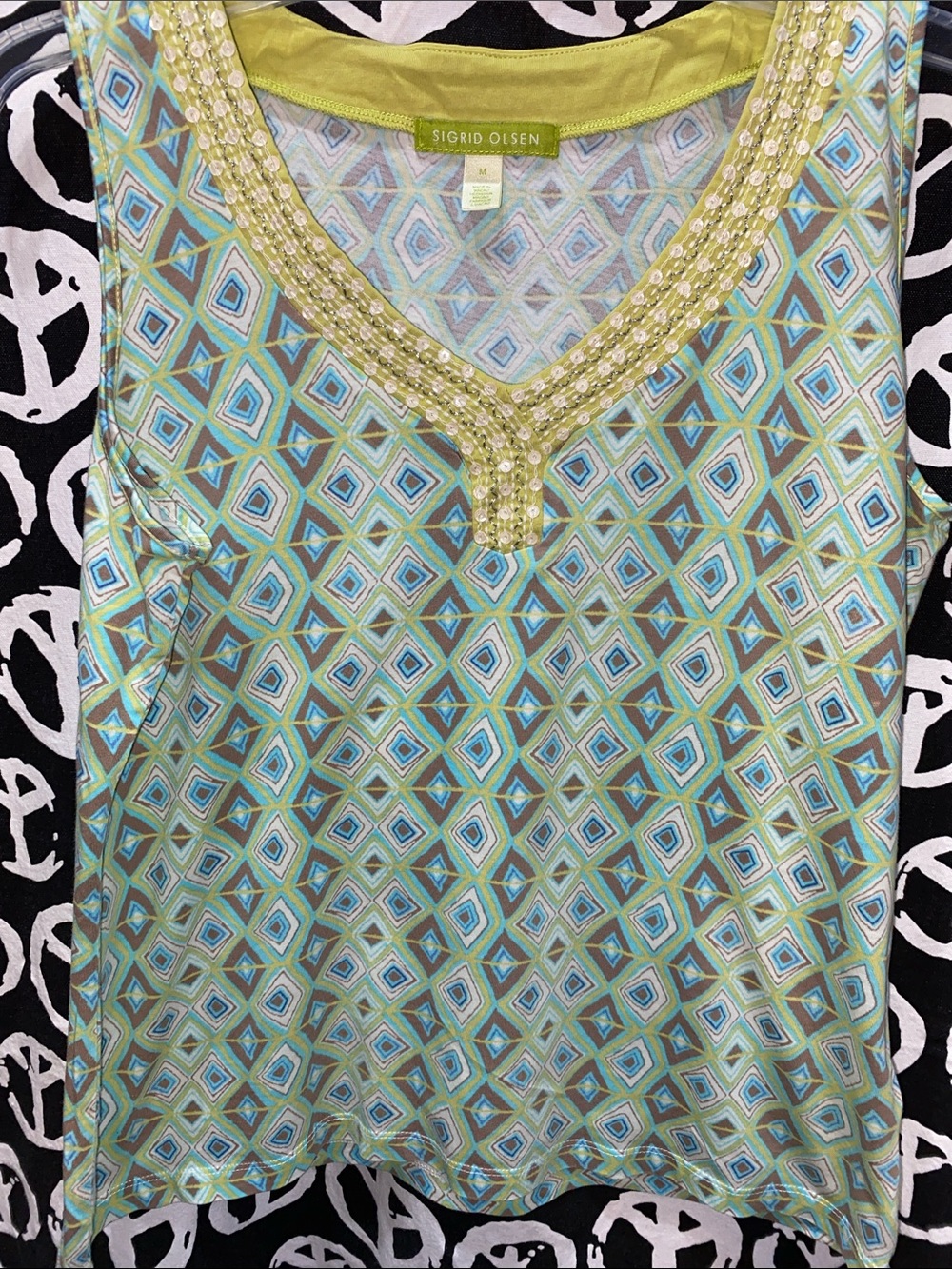 SIGRID OLSEN SEQUENCE GREEN/YELLOW/WHITE TANK V-NECK SZ M